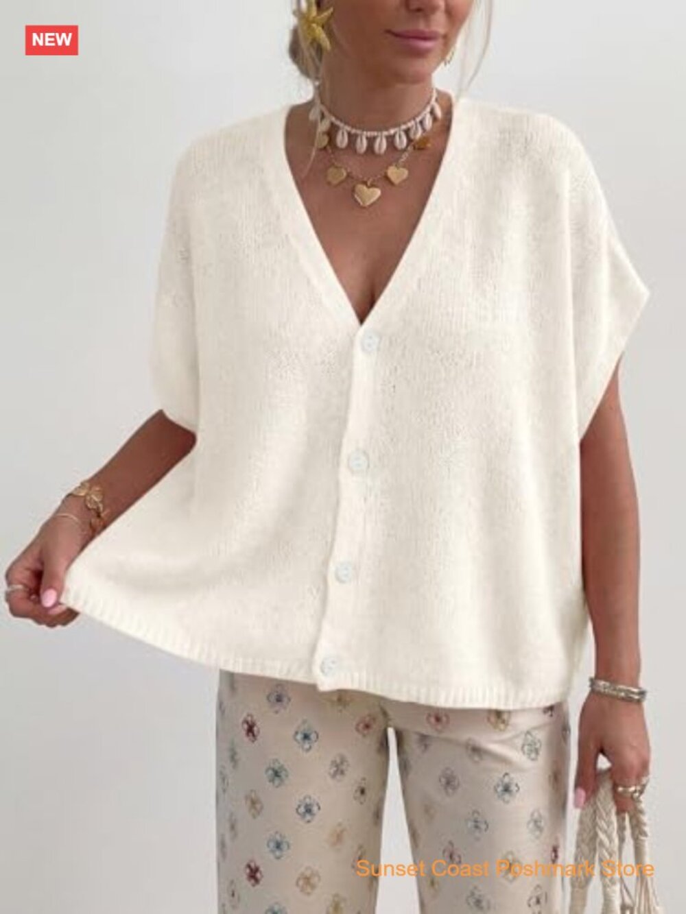 Oversized Batwing Short Sleeve Cardigan Lightweight V-Neck Button Down Knit - Picture 5 of 7